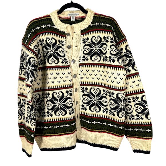 Nordstrikk Wool Cream Green Fair Isle Norway Cardigan Sweater Women's Large - Picture 1 of 4